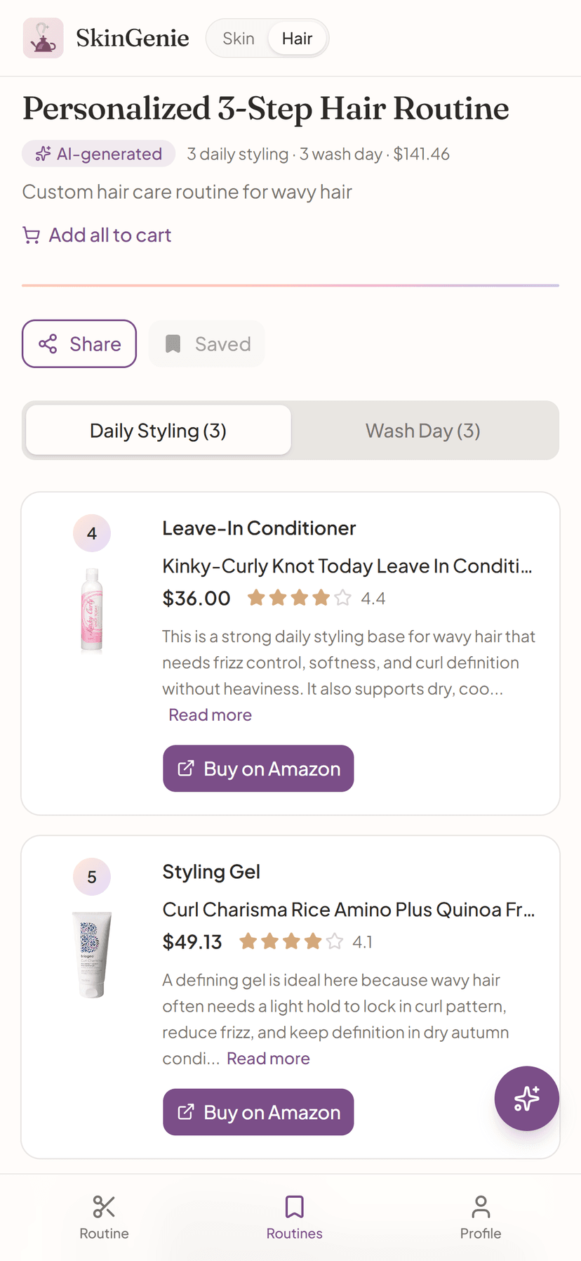 Personalized hair care routine with real product recommendations and prices