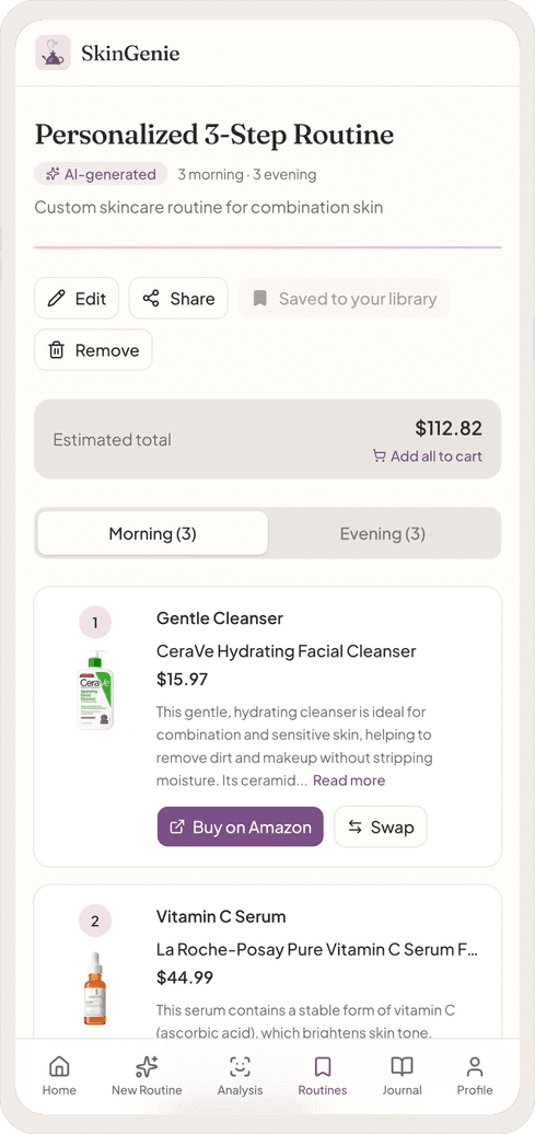 Personalized skincare routine with real product recommendations and prices