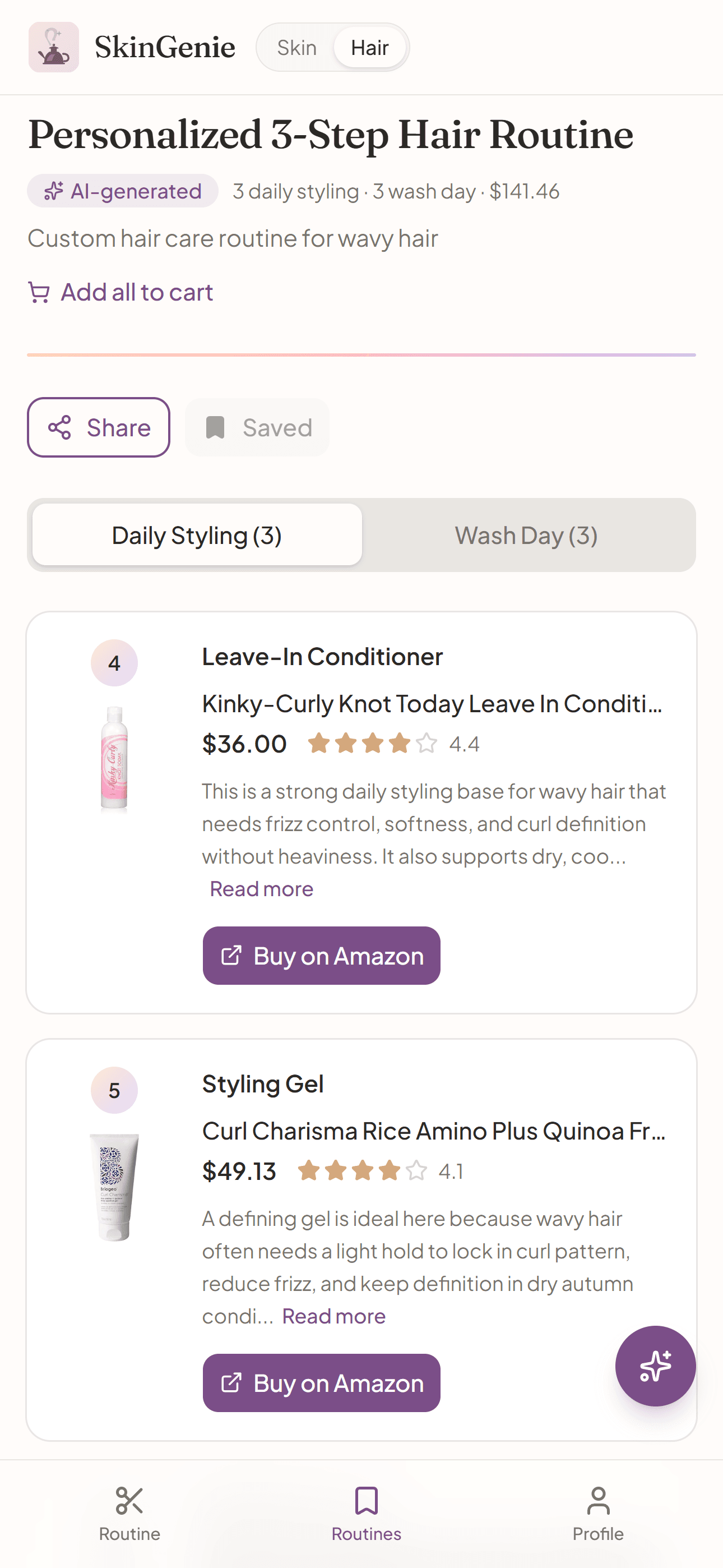 Personalized hair care routine with real product recommendations and prices