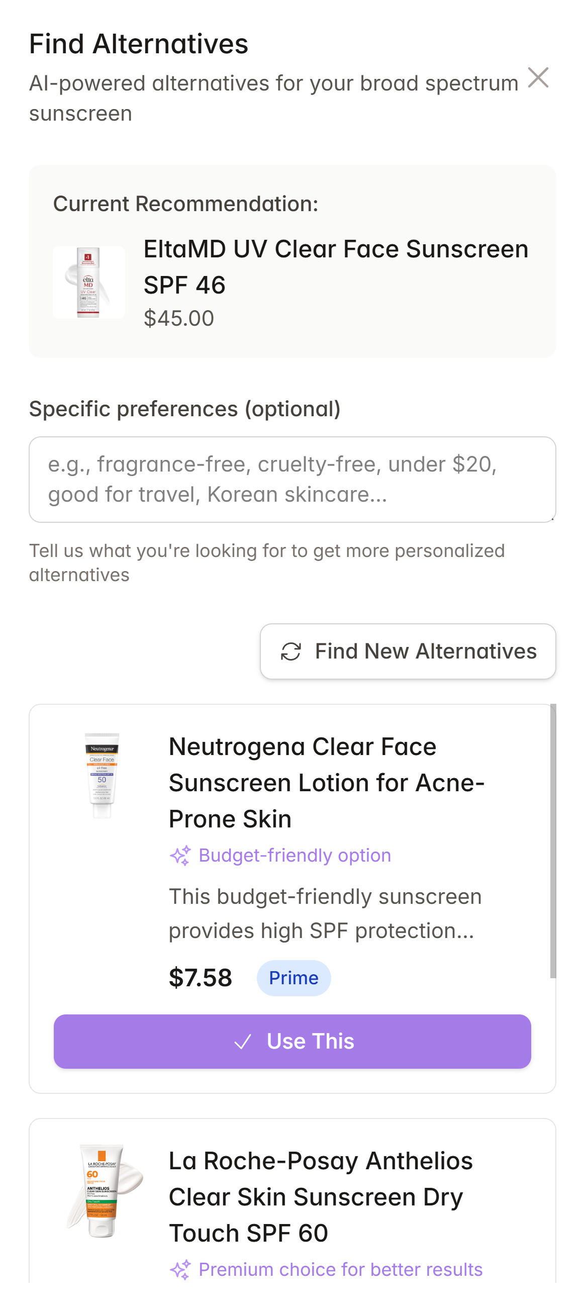SkinGenie product swapping modal showing AI-powered alternatives