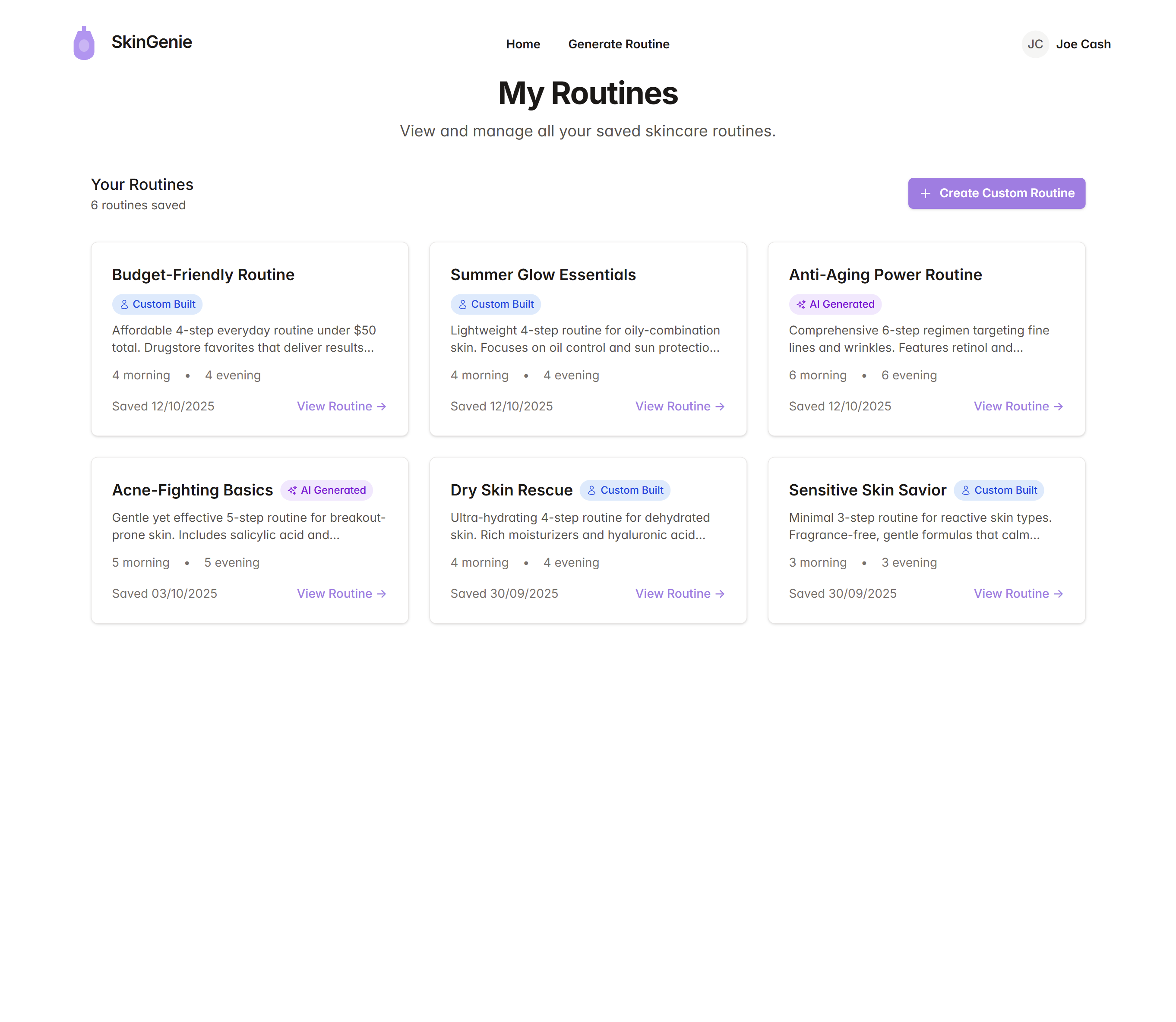 SkinGenie My Routines page showing multiple saved routines in grid