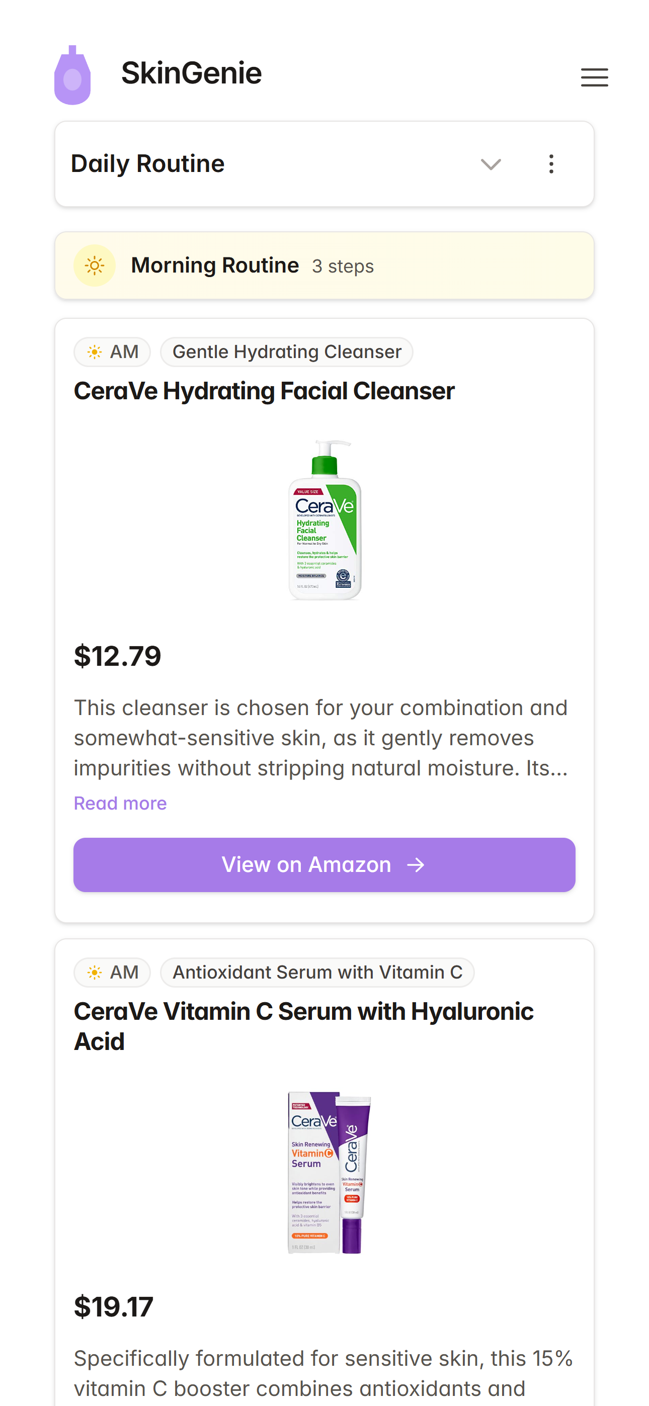 SkinGenie routine showing personalized skincare steps with products
